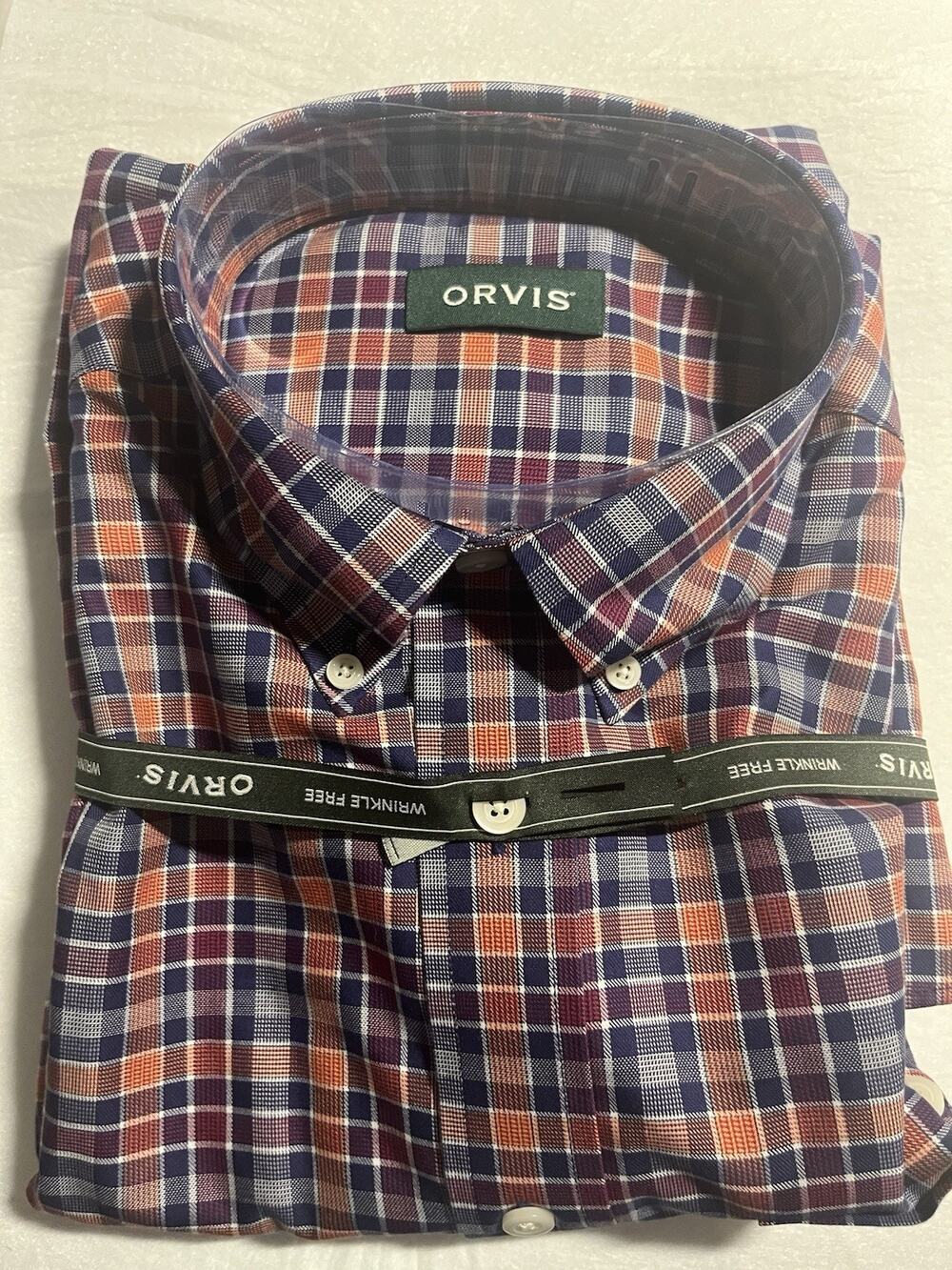 Orvis Men’s Medium Wrinkle Free Plaid Button Down Shirt Orange Blue NWT